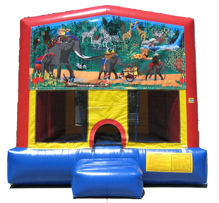 Jungle Jumpy House - 13ft x 13ft requires a 15ft x 15ft area. Can be set up on grass, driveway, patio or parking lot. No dirt, rocks or sand. Call 925-456-5867 for pricing and availability.